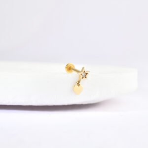 14 Ayar Altın Taşlı Yıldızlı Kalp Sallantılı Minimal Pırlanta Piercing