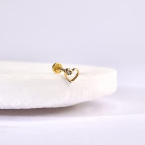 14 Ayar Altın Taşlı Kalp Motifli Minimal Tragus Pırlanta Piercing