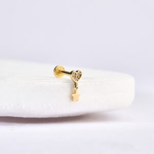 14 Ayar Altın Taşlı Kalpli Yıldız Sallantılı Minimal Tragus Pırlanta Piercing