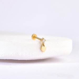 14 Ayar Altın Taşlı Kalp Sallantılı Minimal Tragus Pırlanta Piercing
