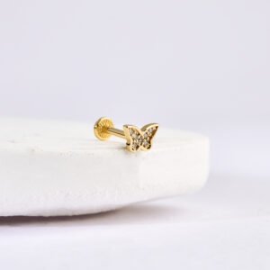 14 Ayar Altın Taşlı Kelebek Motifli Minimal Tragus