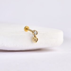 14 Ayar Altın Taşlı Kalp Sallantılı Minimal Helix/Kıkırdak Pırlanta Piercing