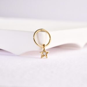 14 Ayar Altın Taşlı Yıldız Sallantılı Minimal Halka Pırlanta Piercing