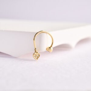 14 Ayar Altın Kalp Sallantılı Minimal Yarım Halka Pırlanta Piercing