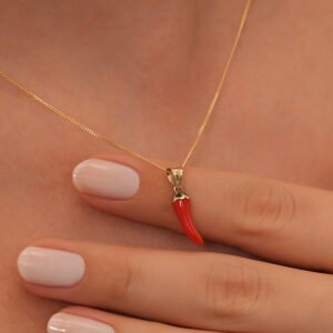 Altın Kırmızı Biber Kolye – Mineli İtalyan Cornicello Şans Kolyesi