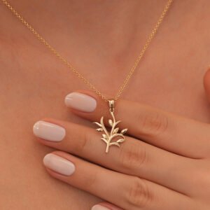14 Ayar Saf Altın Yaprak Kolye – Zeytin Dalı Figürlü Doğal Şıklık