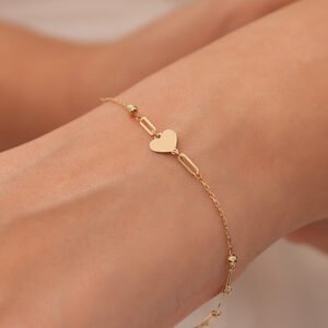 14 Ayar Altın Minimal Kalp Detaylı Zincir Bileklik