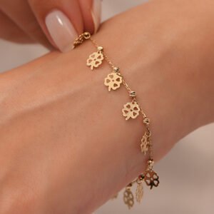 14 Ayar Altın Minimal Çiçek Detaylı Zincir Bileklik